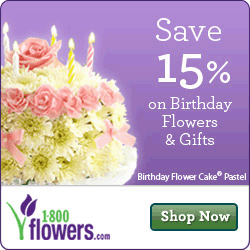 Save 15% on Birthday Flowers & Gifts at 1800Flowers.com and let us arrange a birthday smile for you. Use Promotion Code HAPPYBDAY15 at checkout. - 250x250